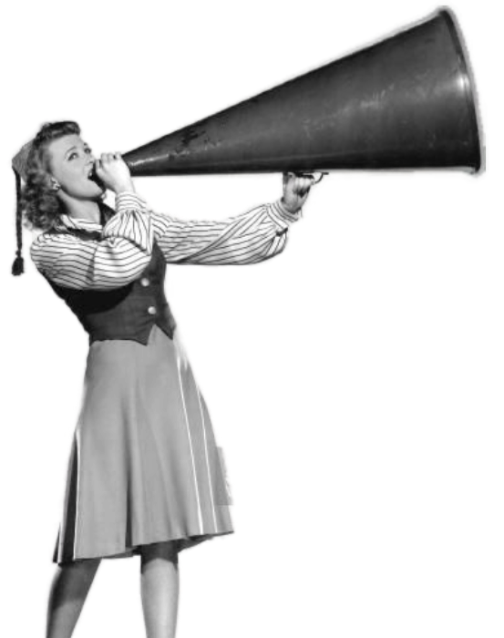 Mujer retro llamando con un megáfono — recorte en blanco y negro